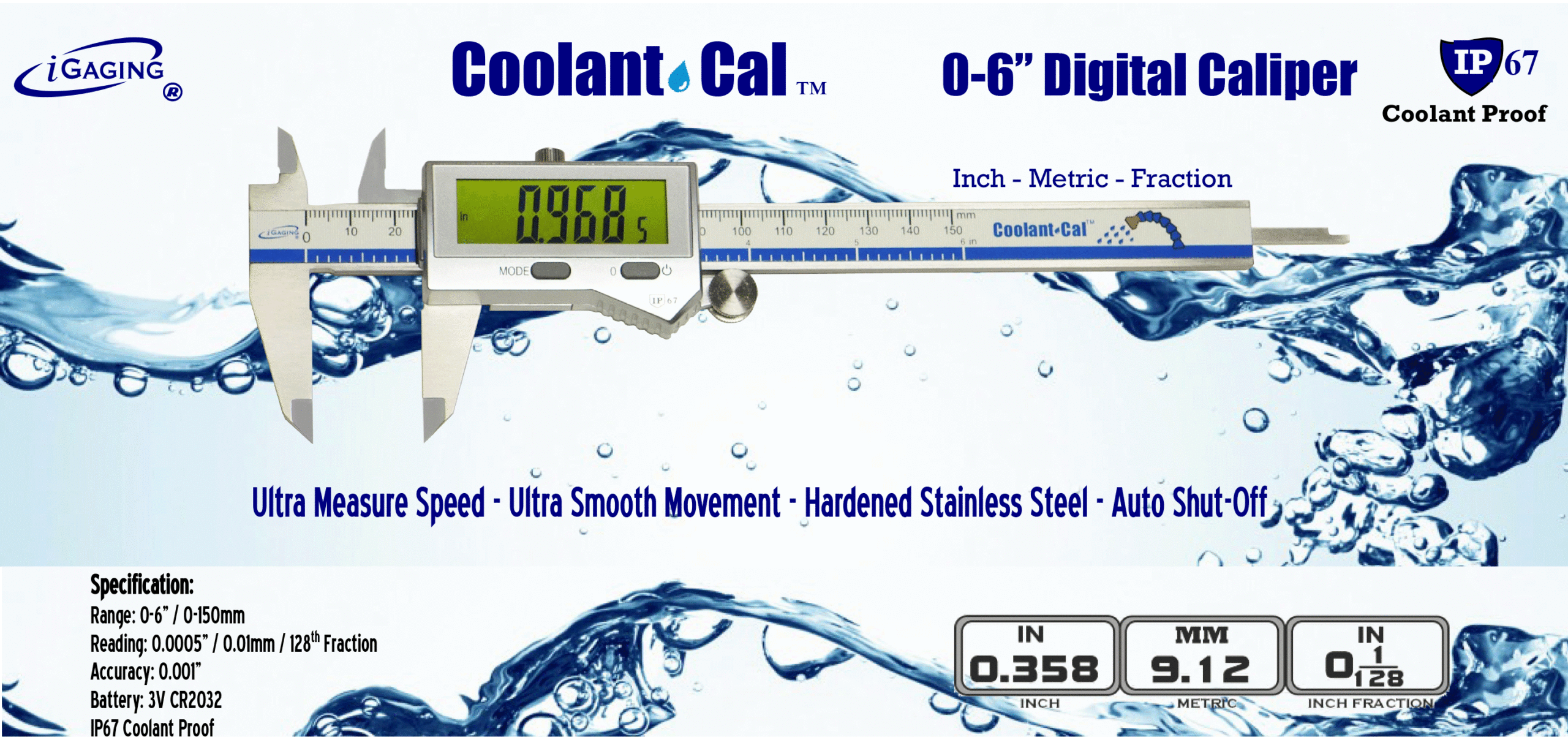 IP67 Digital Calipers Coolant Proof Cal 12"/200 mm Stainless 100-800-B12 with Bluetooth